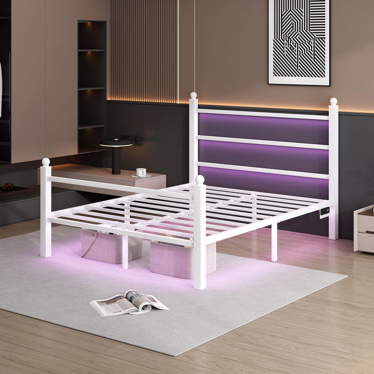 CLIBFENG Full Size Bed Frame with Headboard and Footboard,Steel Slats Support-LED Bed Frame with USB Charging Station,Mattress Foundation-Under Bed Storage,No Box Spring Needed,Noise Free,White CLIBFENG