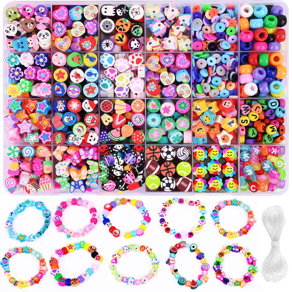 1000PCS Polymer Clay Beads Bracelet Making kit, 24 Style Cute Fun Beads Fruit Flower Animal Cake Butterfly Heart Beads Charms for Jewelry Necklace Earring Making DIY Accessories for Women Girls BBita
