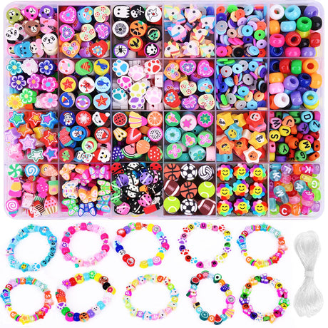 1000PCS Polymer Clay Beads Bracelet Making kit, 24 Style Cute Fun Beads Fruit Flower Animal Cake Butterfly Heart Beads Charms for Jewelry Necklace Earring Making DIY Accessories for Women Girls BBita