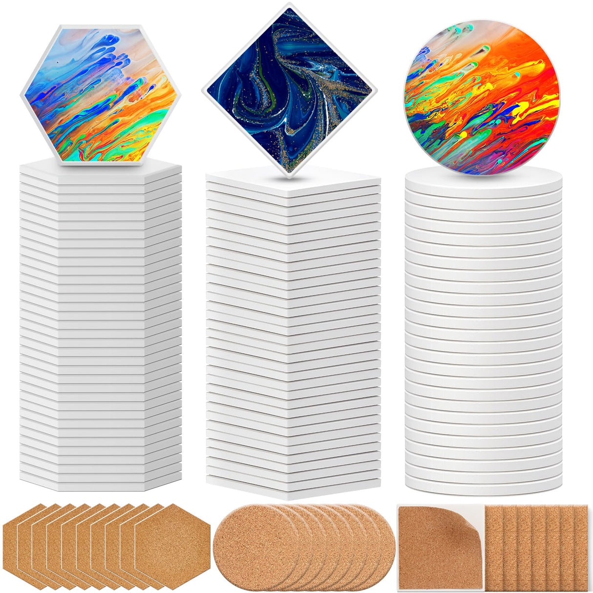 Tioncy 72 Pieces Square Hexagon Round Sublimation Coasters Blanks White Glazed Ceramic Coasters with Cork Backing Pads Heat Transfer for DIY Crafts Painting Home Tioncy