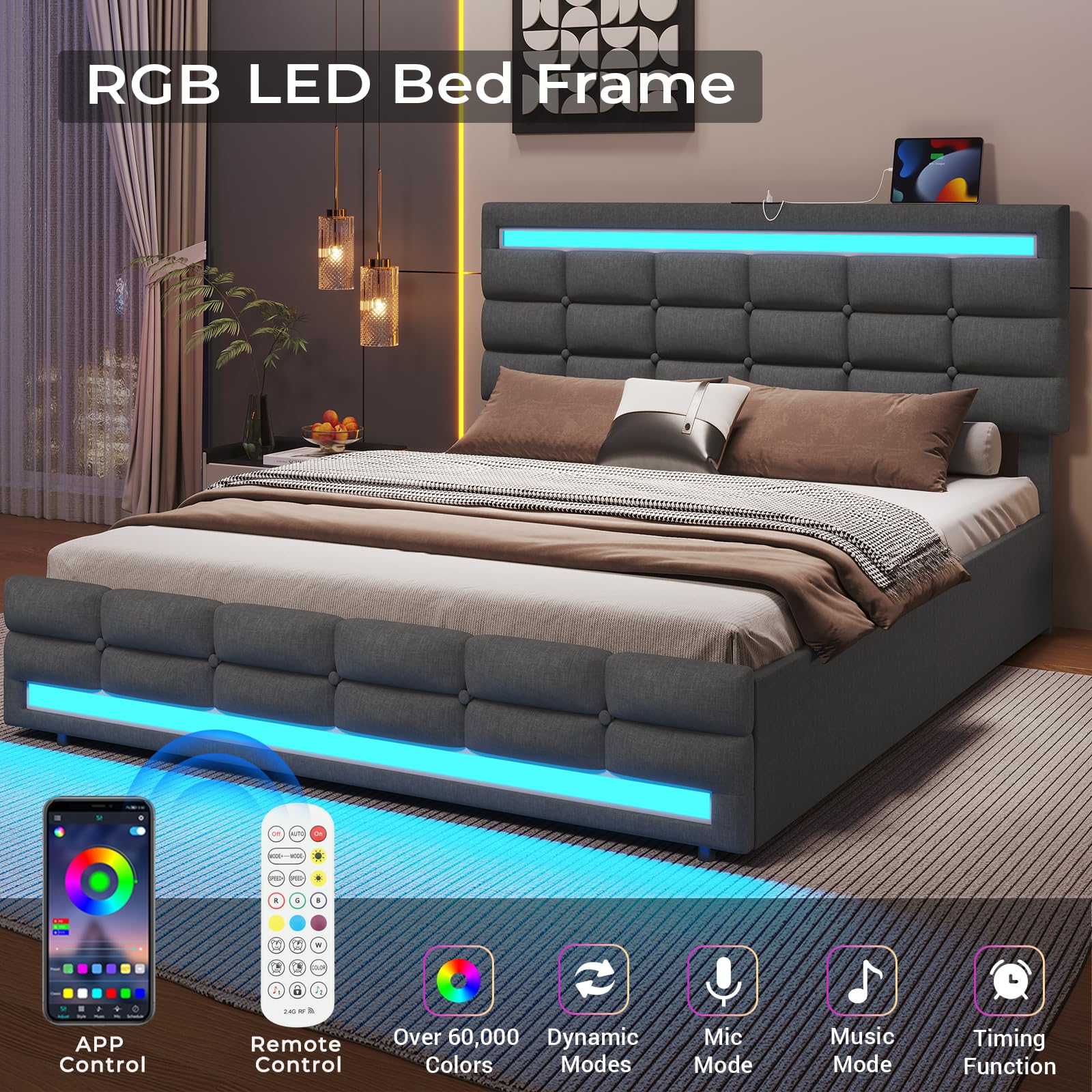 ADORNEVE Dark Grey LED Upholstered Platform Bed Frame with USB Ports and Storage Drawers - WoodArtSupply