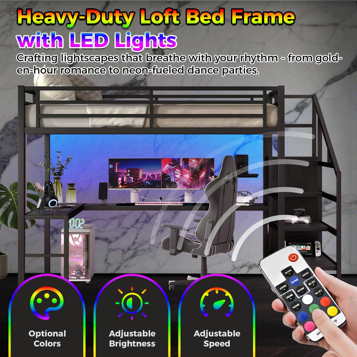 Full Size Metal Loft Bed Heavy-Duty Loft Bed Frame, LED Loft Bed Frame with L Shaped Desk, Wardrobe, Storage Stairs, Charging Station & Safety Guard for Kids Girls Boys, Space-Saving/Noise Reduced NicBex