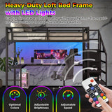 Full Size Metal Loft Bed Heavy-Duty Loft Bed Frame, LED Loft Bed Frame with L Shaped Desk, Wardrobe, Storage Stairs, Charging Station & Safety Guard for Kids Girls Boys, Space-Saving/Noise Reduced NicBex