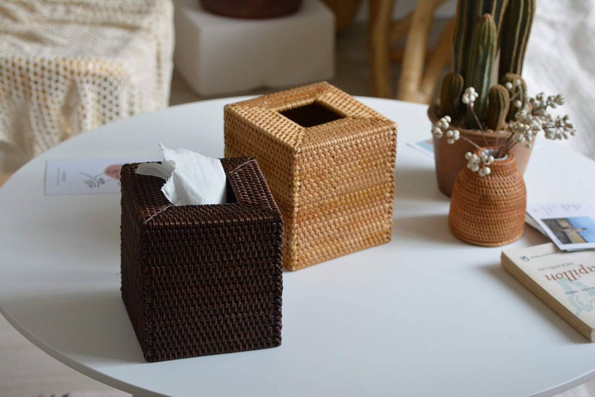 Rattan Tissue Box Cover Square, Hand Woven Wicker Tissue Holder, 5.5 x 5.5 X 5.7 inch, Natural YANGQIHOME