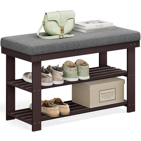 SONGMICS Bamboo Shoe Bench, 3-Tier Shoe Rack Organizer for Entryway, Living Room, Bench Seat Holds Up to 300 lb, 11.9 x 28.3 x 19.2 Inches, Rustic Walnut and Slate Gray ULBS604CG SONGMICS
