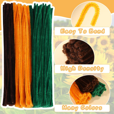 UzecPk 430PCS Pipe Cleaners for Crafts, Pipe Cleaner Sunflower Kit, Pipe Cleaner Craft Sunflowers Kit with Instructions, 3 Colors Pipe Cleaners Set for DIY Art Craft Decorations-5 Flowers UzecPk