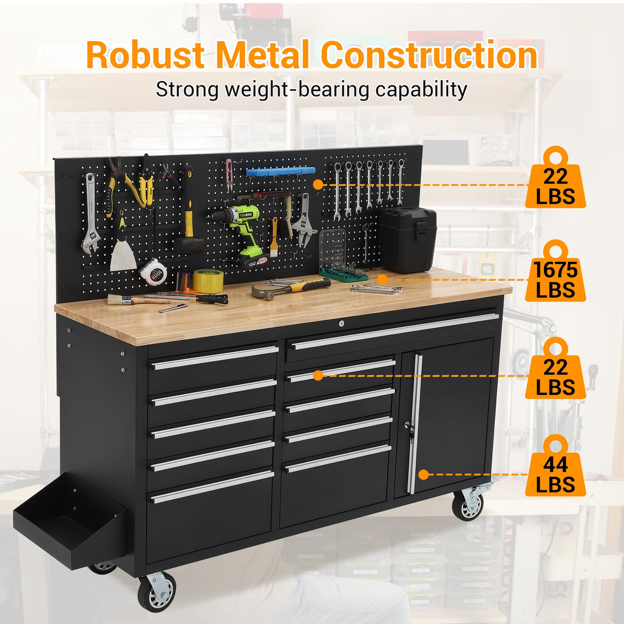 61-inch Rolling Tool Chest, 10 Drawers Garage Workbench Storage Tool Cabinet with Power Strip, Solid Rubber Wood Top, 1675 LBS Load Mobile Workstation, Heavy Duty Rolling Cabinet GAOMON