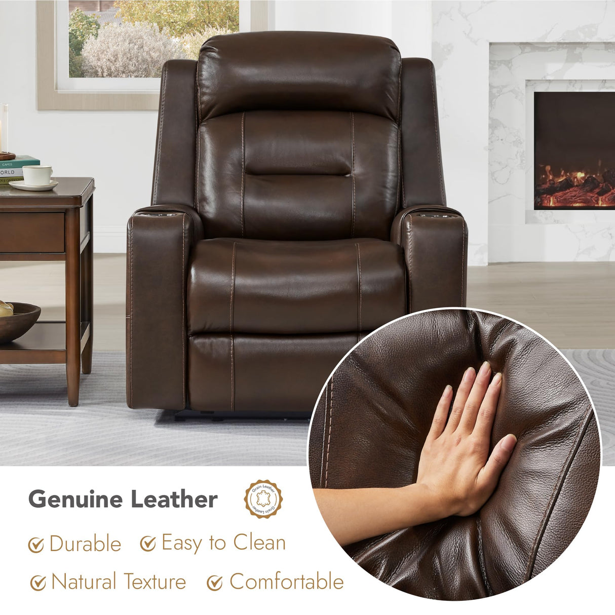Watson & Whitely Genuine Leather Power Recliner Chairs for Adults, Lay Flat Recliner with Power Headrest, USB Ports and Cup Holders, Electric Reclining Sofa for Living Room, Bedroom, Dark Brown Watson & Whitely