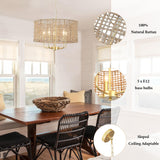 Rattan Woven Boho Chandelier Light Fixture for Dining Room 5 Light, 18.8'' Gold Hand Woven Drum Wicker Light Fixture Ceiling Hanging, Coastal Rattan Pendant Light for Living Room Entryway Bedroom Xurihuihuang