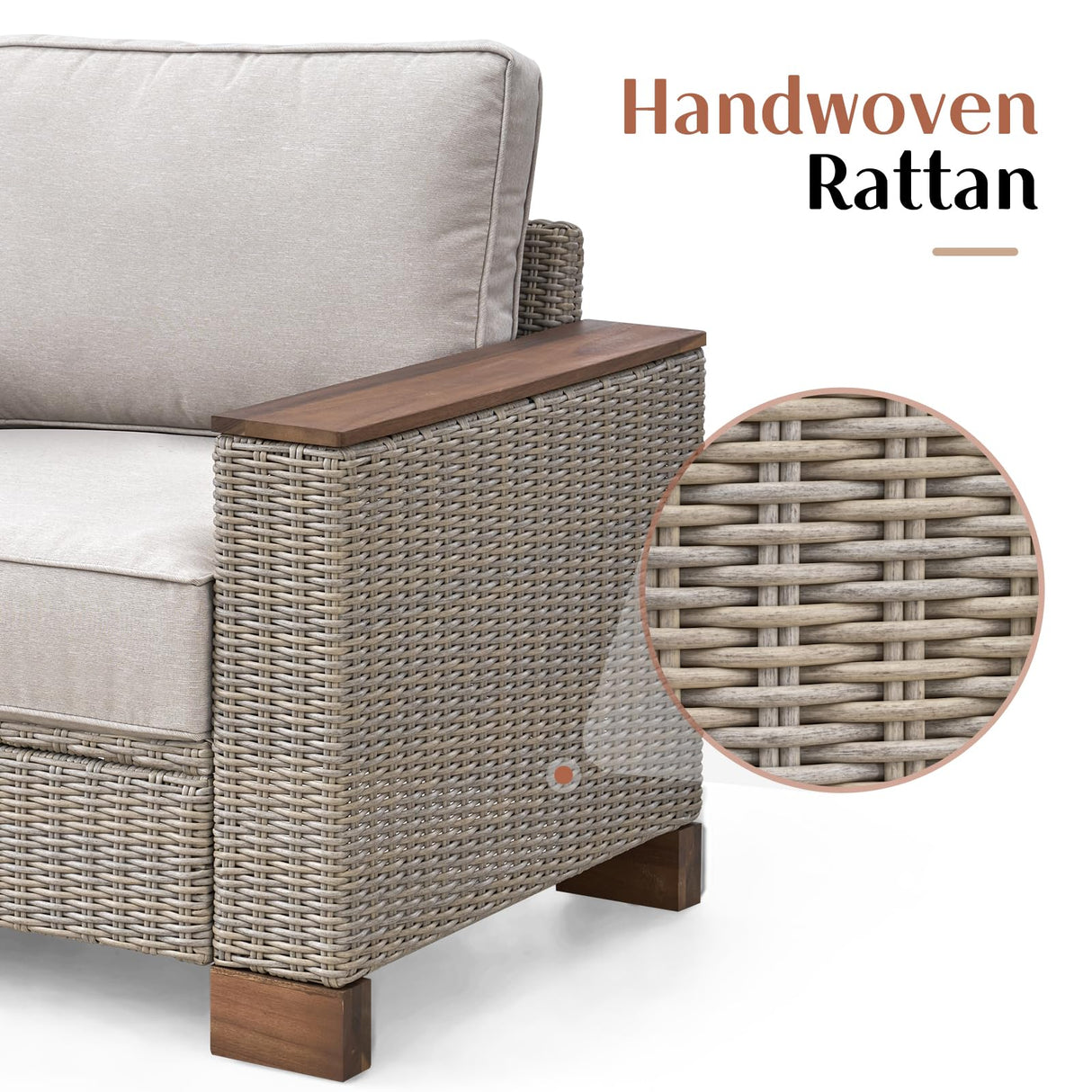 LUXOAK Patio Furniture Set, 6 Piece Wicker Patio Conversation Set with Wide Solid Wood Armrest, All Weather Outdoor Sectional Furniture with Wood Legs for Backyards, Porch, Poolside, Garden, Balcony LUXOAK