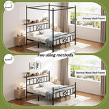 Homkdom Canopy Bed Frame with Storage Headboard, Queen Size Bed Frame with 4 Removable Posts, Sturdy Metal Platform with Under-Bed Storage, Dual Purpose Bed Frame, No Box Spring Needed, Black Homkdom