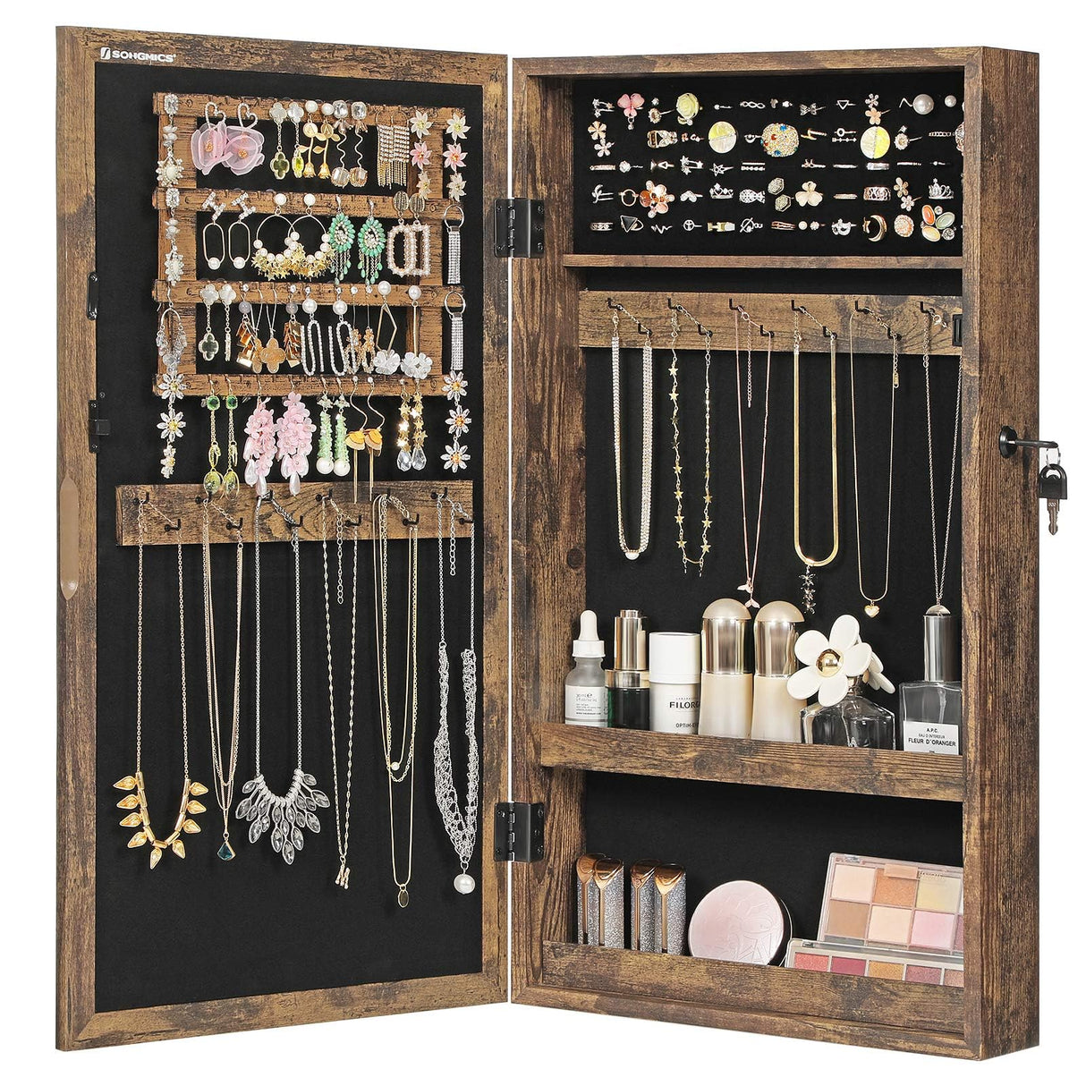 SONGMICS Lockable Jewelry Cabinet Armoire with Mirror, Wall-Mounted Space Saving Jewelry Storage Organizer, Rustic Brown UJJC051K01 SONGMICS