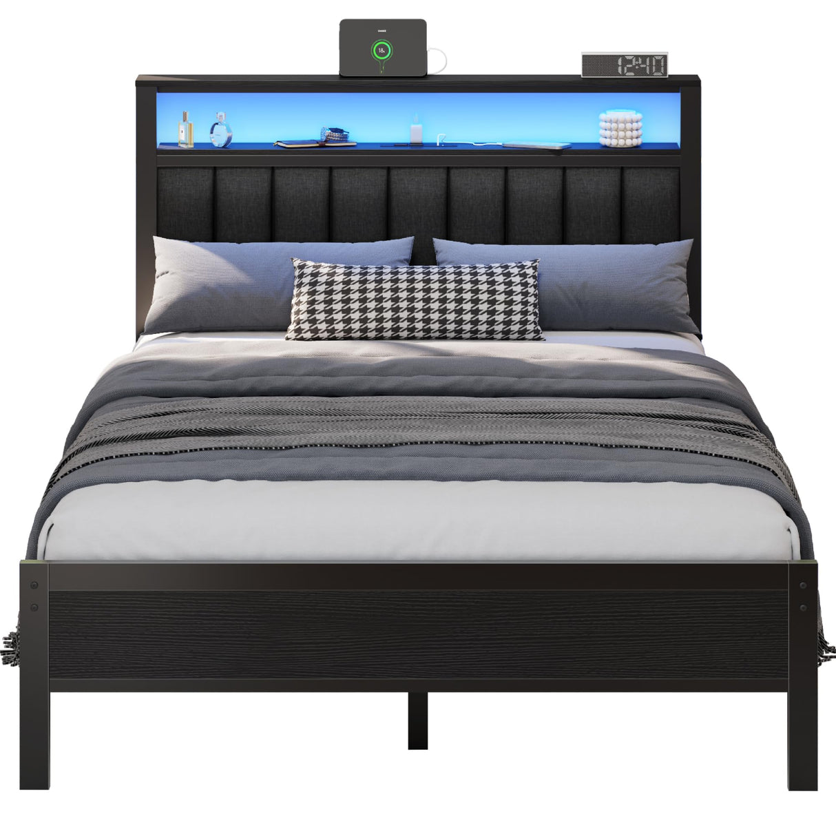 Furnulem Full Size Bed Frame with Charging Station and LED Lights, Platform Bed with Metal Slats, Grey Upholstered Headboard with 2-Tier Storage Shelves, No Box Spring Needed Furnulem
