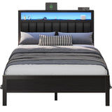 Furnulem Full Size Bed Frame with Charging Station and LED Lights, Platform Bed with Metal Slats, Grey Upholstered Headboard with 2-Tier Storage Shelves, No Box Spring Needed Furnulem