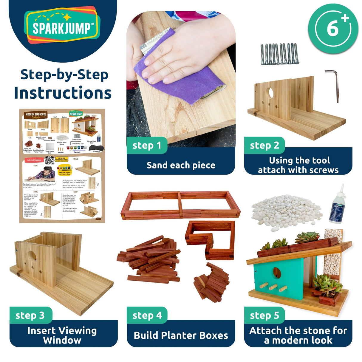 SparkJump Modern Birdhouse Woodworking Kit, Complete DIY Birdhouse for Kids & Adults, Build Your Own Birdhouse Kit for Creative Woodworking Crafts SparkJump