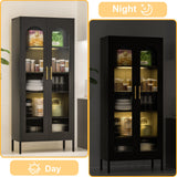 VASAAOSD 71" Kitchen Pantry Storage Cabinet, Display Cabinet with Glass Doors and Lights, Tall Storage Cabinet with Adjustable Shelves, Kitchen Pantry Cabinet for Dining Room, Living Room, Black VASAAOSD