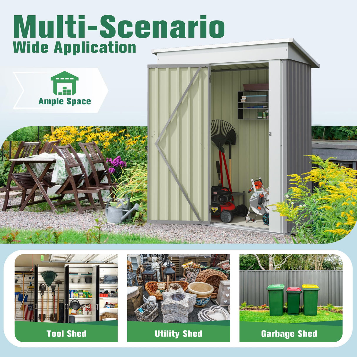 Flamaker Storage Shed Waterproof Metal Garden Shed with Lockable Door Utility Tool Shed Outdoor Storage for Backyard, Patio and Lawn (5 x 3 FT, Grey) Flamaker
