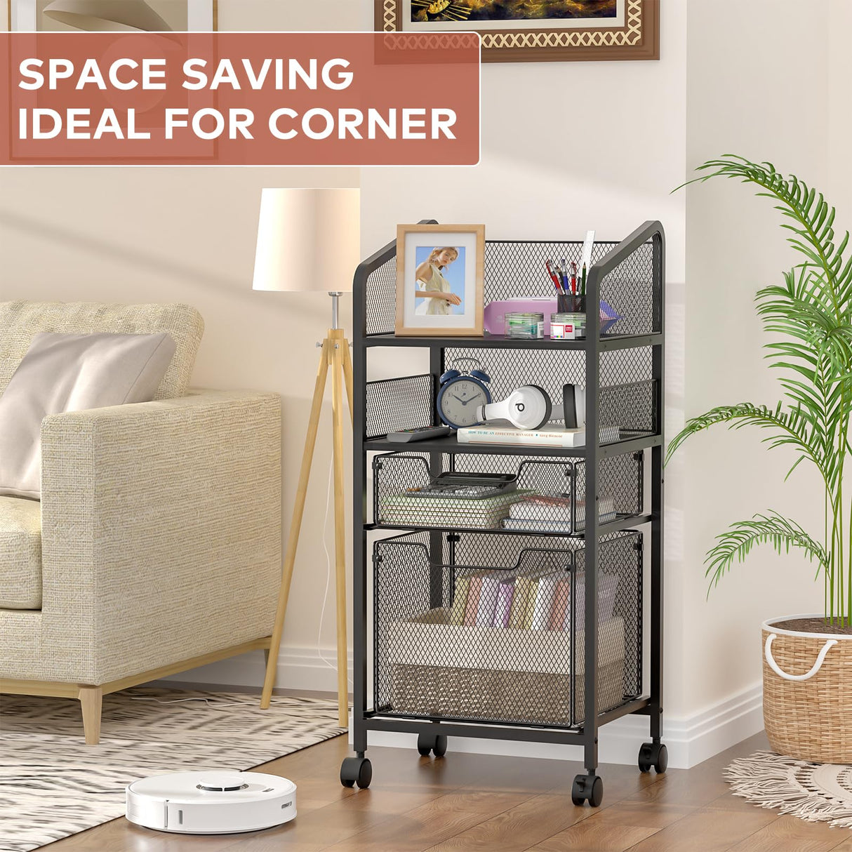 Huxitocan 4-Tier Rolling File Cart with Hanging File Organizer, Mobile File Cabinet with Storage Drawer, Rolling Utility Cart Storage and Organizer Office Cabinet for Home Office Huxitocan