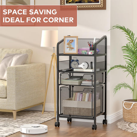 Huxitocan 4-Tier Rolling File Cart with Hanging File Organizer, Mobile File Cabinet with Storage Drawer, Rolling Utility Cart Storage and Organizer Office Cabinet for Home Office Huxitocan