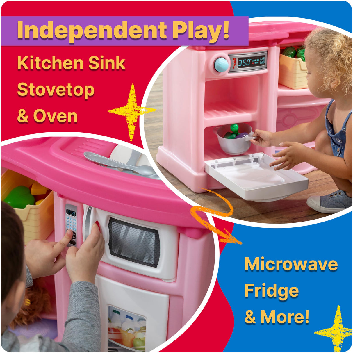 Step2 Fun with Friends Kids Kitchen Playset, Indoor/Outdoor Kitchenette, Interactive Play with Lights and Sounds, Durable Plastic, Includes 25 Piece Toy Accessories, Toddlers 2+ Years Old, Pink Step2