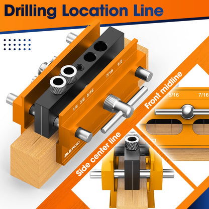BLEKOO Self Centering Doweling Jig Kit, Drill Jig For Straight Holes Biscuit Joiner Set With 6 Drill Guide Bushings, Adjustable Width Drilling Guide Power Tool Accessory Jigs (Gold) - WoodArtSupply