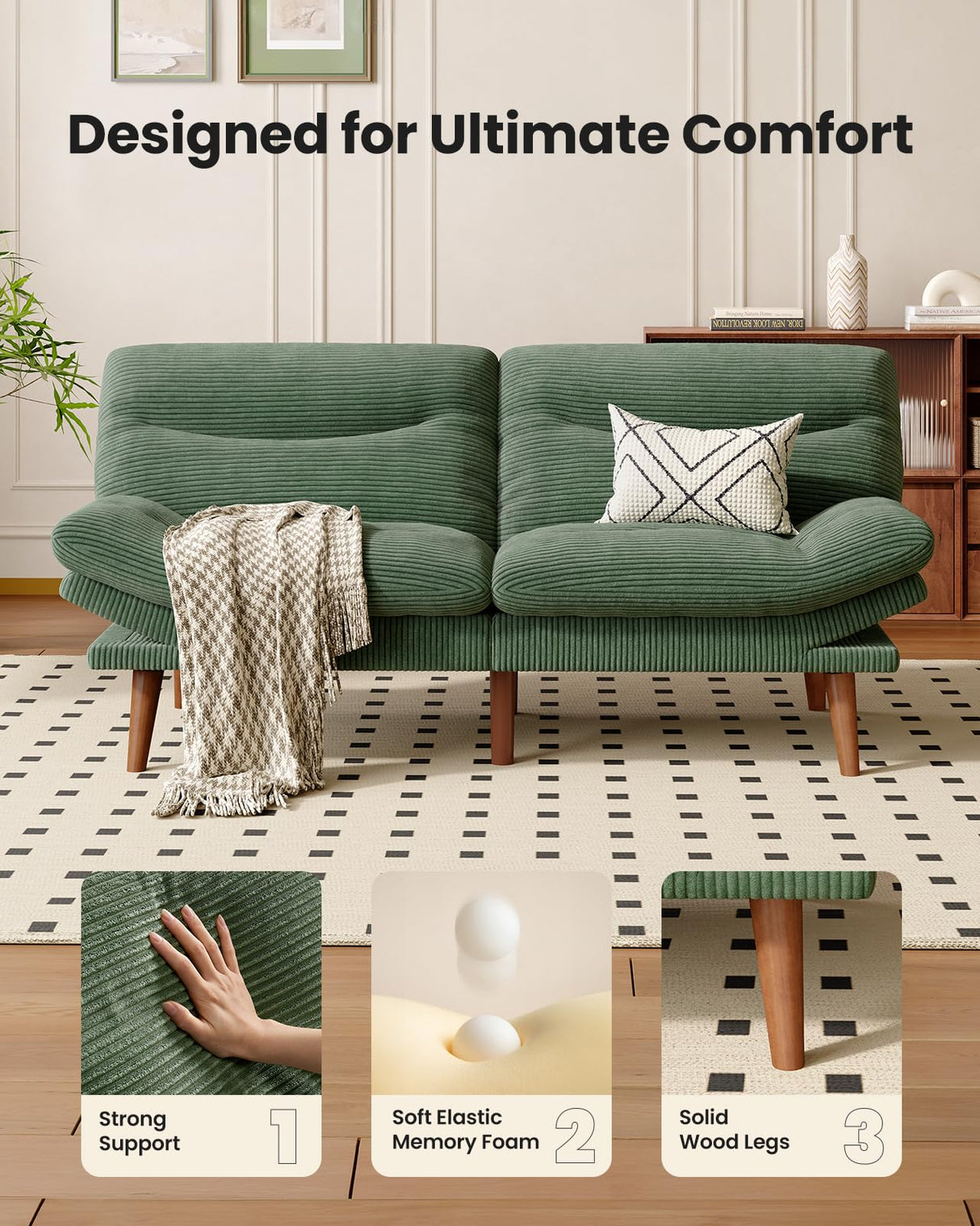 Amada 66" Convertible Futon Sofa Bed, Corduroy Folding Futon Set with Adjustable Backrest &Armrests, Recliner Lounge for Living Room, Apartment or Office, Solid Wood Frame, Loveseat Sofa - Green AMADA HOMEFURNISHING