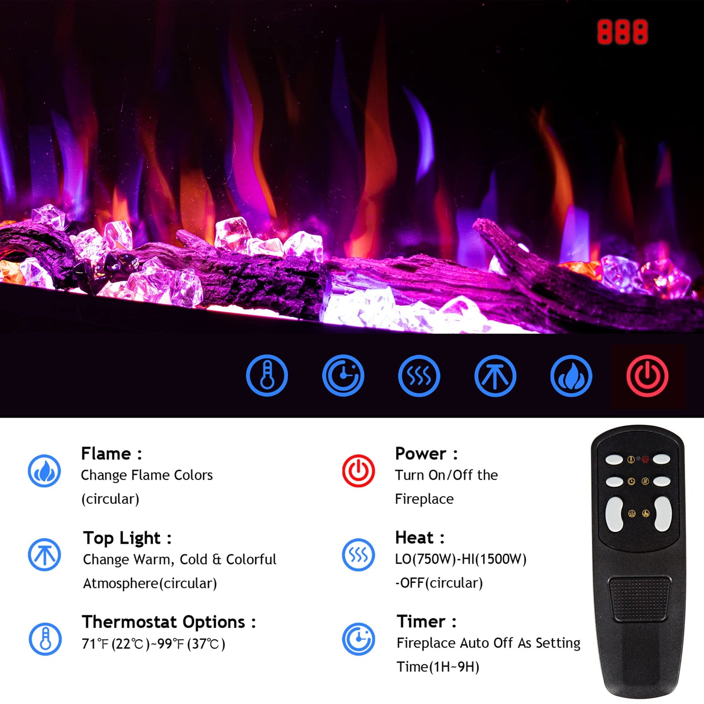 Dreamflame Electric Fireplace 74 inch, Recessed Wall Mounted Fireplace Heater, Logs & Crystal, Multicolor Flame Combinations, Overheating Protection, Black (74")