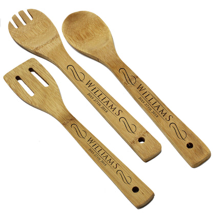 Custom Personalized Wooden Bamboo Kitchen Utensil Set - Engraved Spoon, Spatula, Spork - Housewarming Couples Gifts - WoodArtSupply