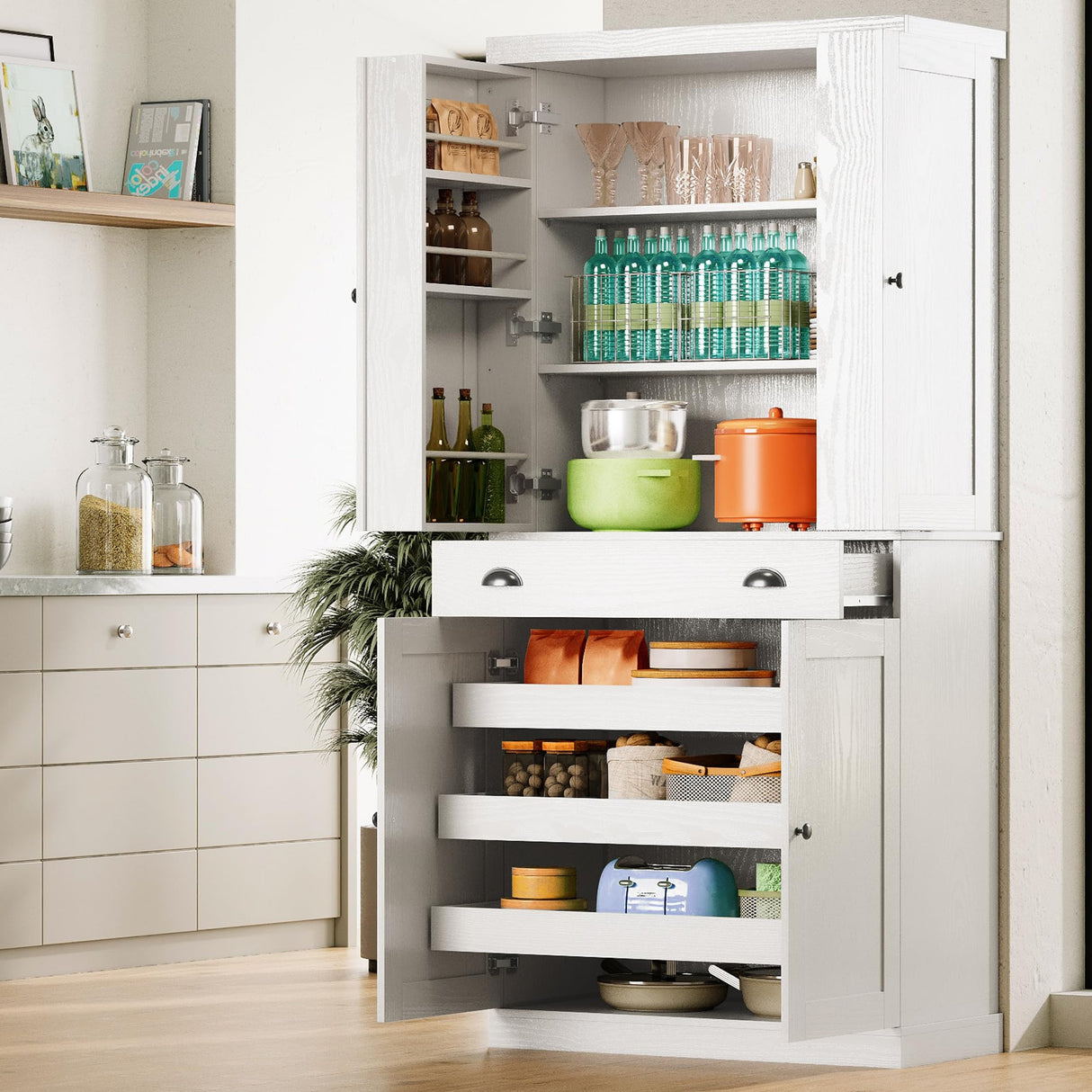 IRONCK Kitchen Pantry Cabinet with Sliding Storage Rack and 6 Hanging Shelves, 72" Height Tall Freestanding Cupboard for Living Room, Dining Room, Laundry, White IRONCK