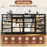 EnHomee 63" W 18 Drawers Dresser with LED Lights & Power Outlets Long Dresser for 65" TV Stand for Bedroom Large Fabric Dressers & Chests of Drawers for Bedroom, Sturdy Metal Frame (Charcoal Black) EnHomee