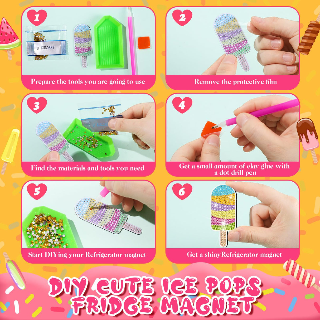 Remuuly 30 Pcs Diamond Painting Magnets Summer Diamond Art Magnet Kits for Adults Spring Flower Animal Cupcake 5D Rhinestones Refrigerator Magnetic Stickers for Fridge DIY Crafts Gifts(Ice Cream) Remuuly