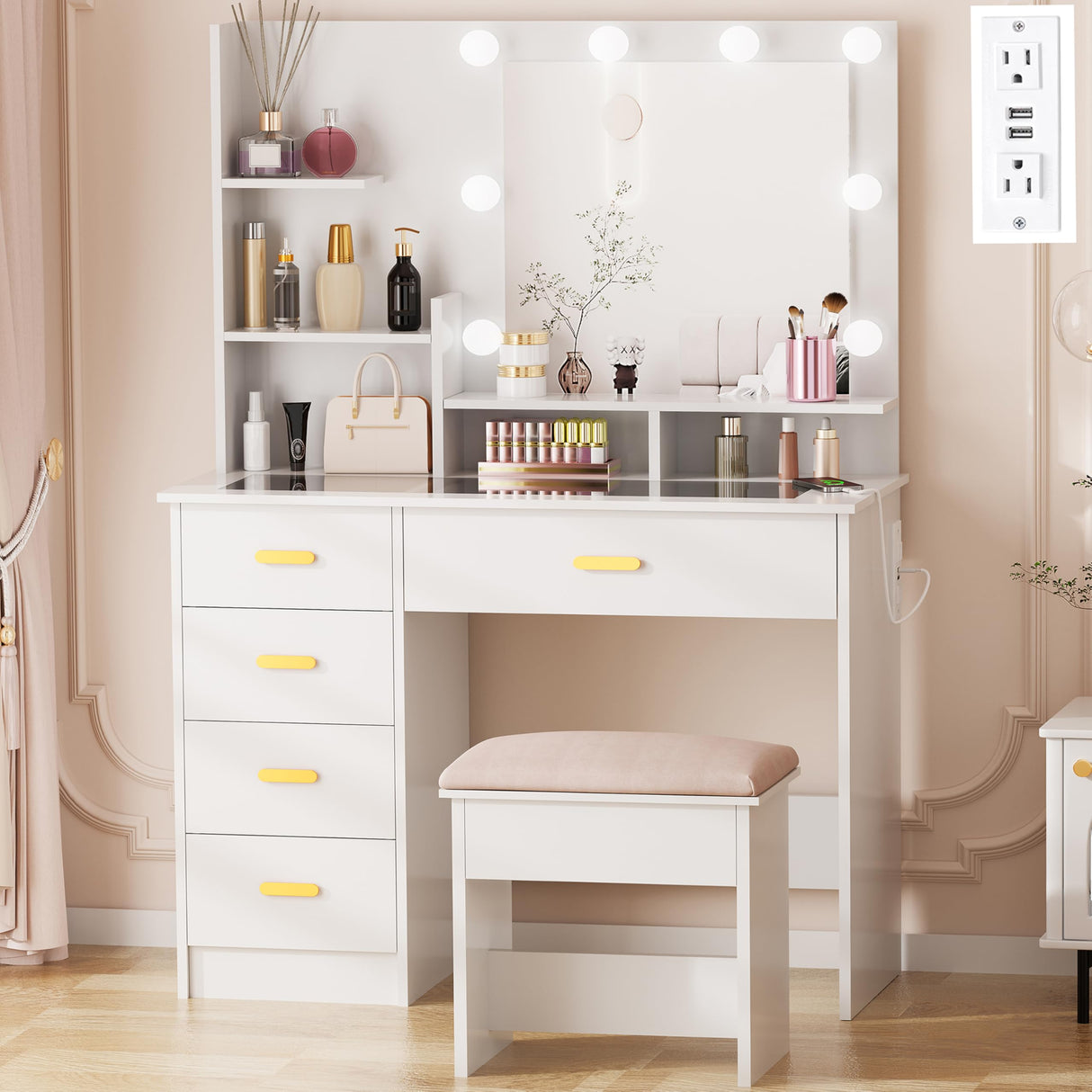 ANWBROAD Makeup Vanity Desk with Mirror and Lights Power Outlet 35.5" Vanity with Glass Top Dresser 3 Lighting Modes Brightness Adjustable White Vanity Desk with Drawers Shelves Bedroom Stool UBDT64W ANWBROAD