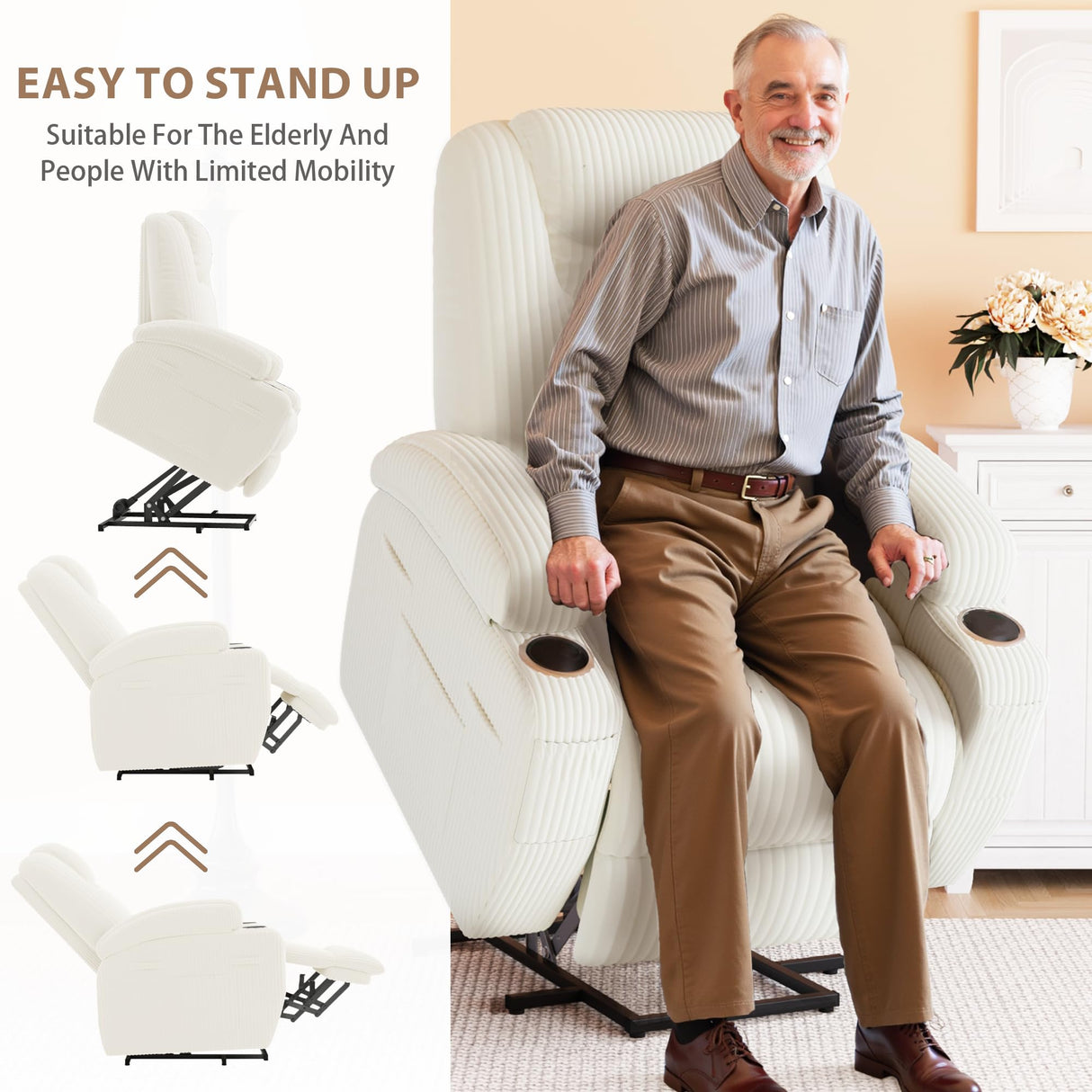 Flamaker Power Lift Chair Massage Recliner Chairs for Elderly - Ergonomic Design with Cup Holders & Side Pockets, Remote Control (White) Flamaker