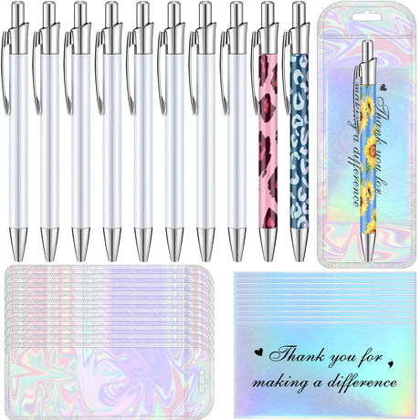 Yexiya 30 Pcs Sublimation Pen Kit Sublimation Pen Blank with Resealable Pouch Bag and Holographic Thank You Card Sublimation Ballpoint Pen School Supply for Christmas Office School Stationery Supply Yexiya