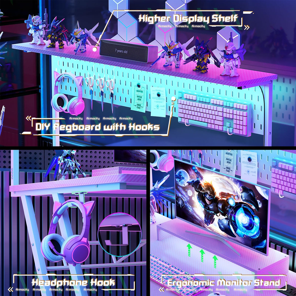 Pink Gaming Desk with Hutch and LED Lights, 55" Computer Desk with Storage Shelves, Reversible PC Gaming Desk with Pegboard, Gaming Table Gamer Desk for Bedroom, Carbon Fiber Pink armocity