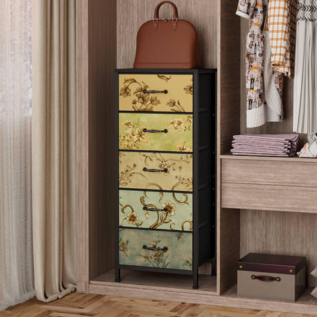 Furnulem Vertical Dresser for Bedroom, Tall Skinny Storage Tower with 5 Fabric Drawers, Chest of Drawers for Living Room, Dorm, Entryway, Vintage Furniture, Wood Top Furnulem