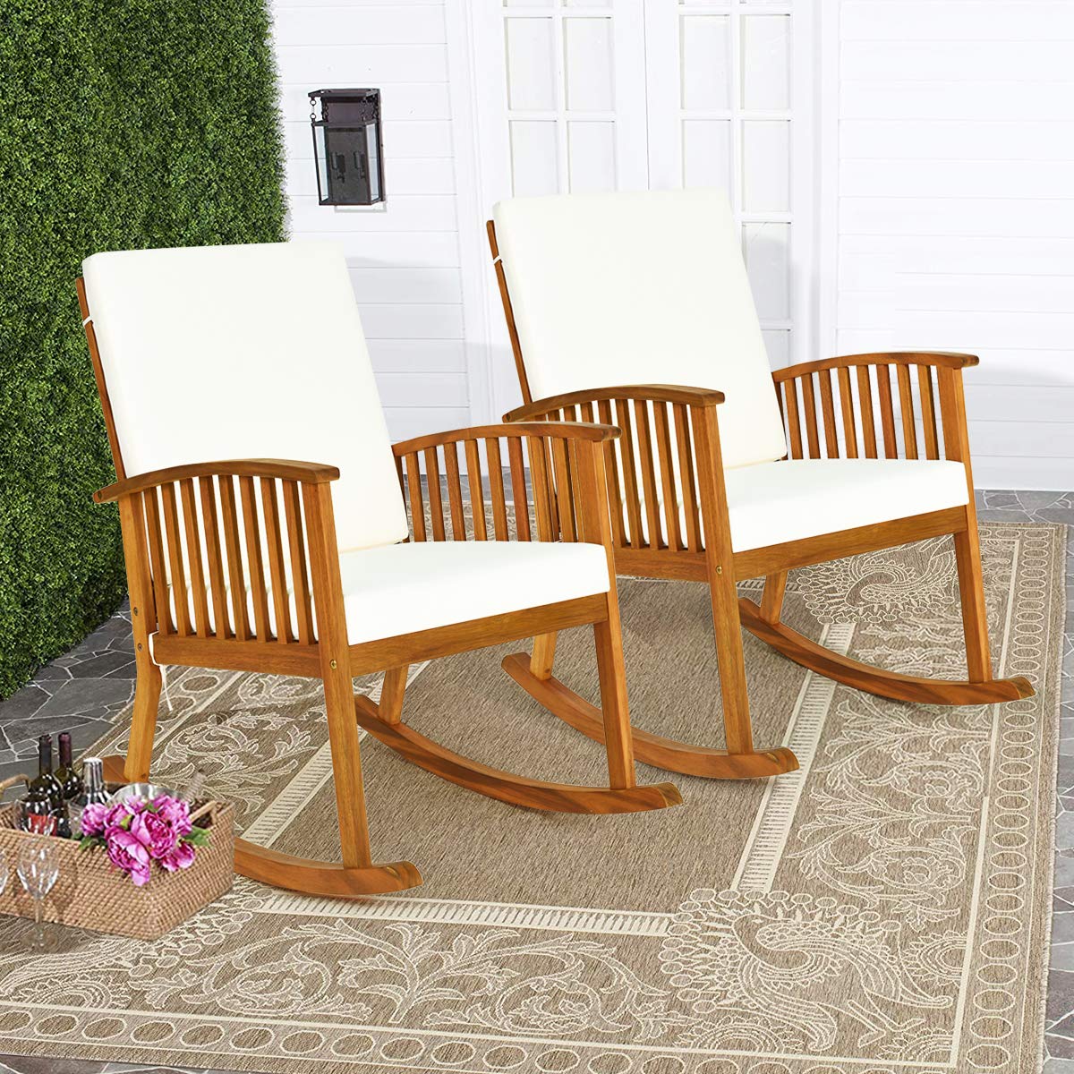 Tangkula 2 PCS Outdoor Acacia Wood Rocking Chair, Wooden Rocker w/Detachable Washable Cushions, Rocker for Porch Garden Patio Balcony Pool Indoor (2, Teak) - WoodArtSupply