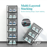 Kuject Large Shoe Organizers Storage Boxes for Closet, 12 Pack Clear Plastic Stackable Storage Bins with Lids, Under Bed Shoe Containers for Entryway, Drop Front, Fit up to Women's Size 10,Black Kuject