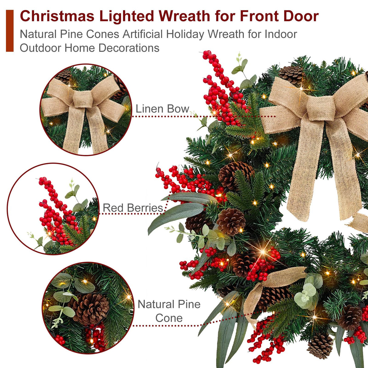 Christmas Lighted Wreath for Front Door, 28 Inches Pre-Lit 35 LED Lights, Natural Pine Cones Artificial Holiday Wreath for Indoor Outdoor Home Decorations BAYN