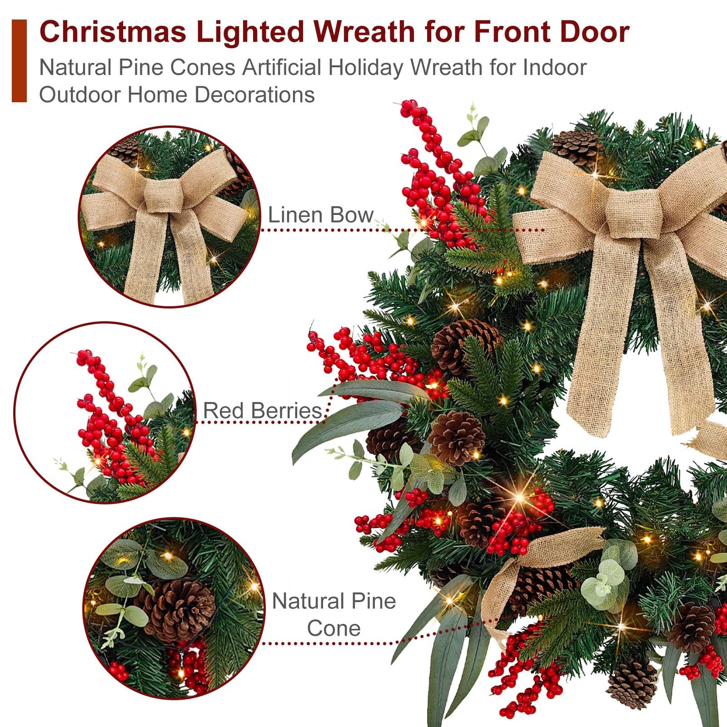 Christmas Lighted Wreath for Front Door, 28 Inches Pre-Lit 35 LED Lights, Natural Pine Cones Artificial Holiday Wreath for Indoor Outdoor Home Decorations