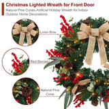 Christmas Lighted Wreath for Front Door, 28 Inches Pre-Lit 35 LED Lights, Natural Pine Cones Artificial Holiday Wreath for Indoor Outdoor Home Decorations BAYN
