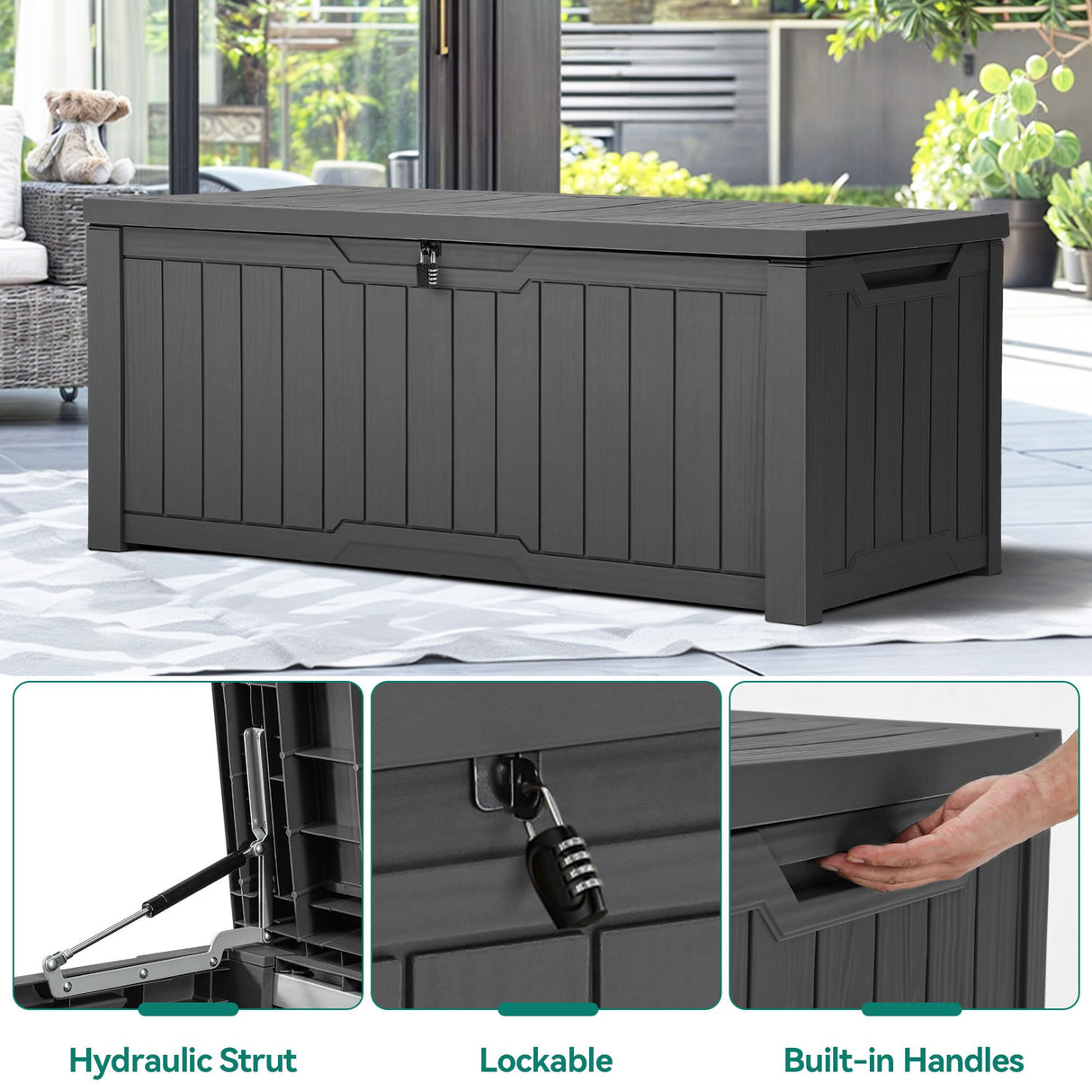 YITAHOME 120 Gallon Resin Deck Box, Weather Resistant Outdoor Storage Box for Patio Cushions, Garden Tools, Pool Supplies, Lockable, Easy Assembly, Extra Seat or Table (Dark Gray) YITAHOME