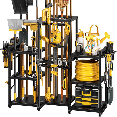 POKIPO 42" H Large Garden Tool Organizer, Holds Up to 86 Tools, Heavy Duty Yard Tool Organizer for Garage, 61“ Wide Lawn Freestanding Tool Storage Rack for Outdoor Shed Tool Rake, Shovel, Brooms POKIPO