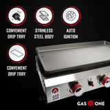 Gas One Flat Top Grill with 3 Burners – Auto Ignition Propane Portable Gas Grill – Premium Stainless Steel Body Tabletop Grill with Pre Season Griddle – Convenient Drip Tray – Ideal for RV, Camping Gas One