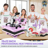 AKEYDIY 5 in 1 Heat Press Machine for t Shirts Professional Swing Away Heat Press Digital Combo 12" x 15" 360-degree Rotation Shirt Press Machine Sublimation (5 in 1 Heat Press Pink) AKEYDIY