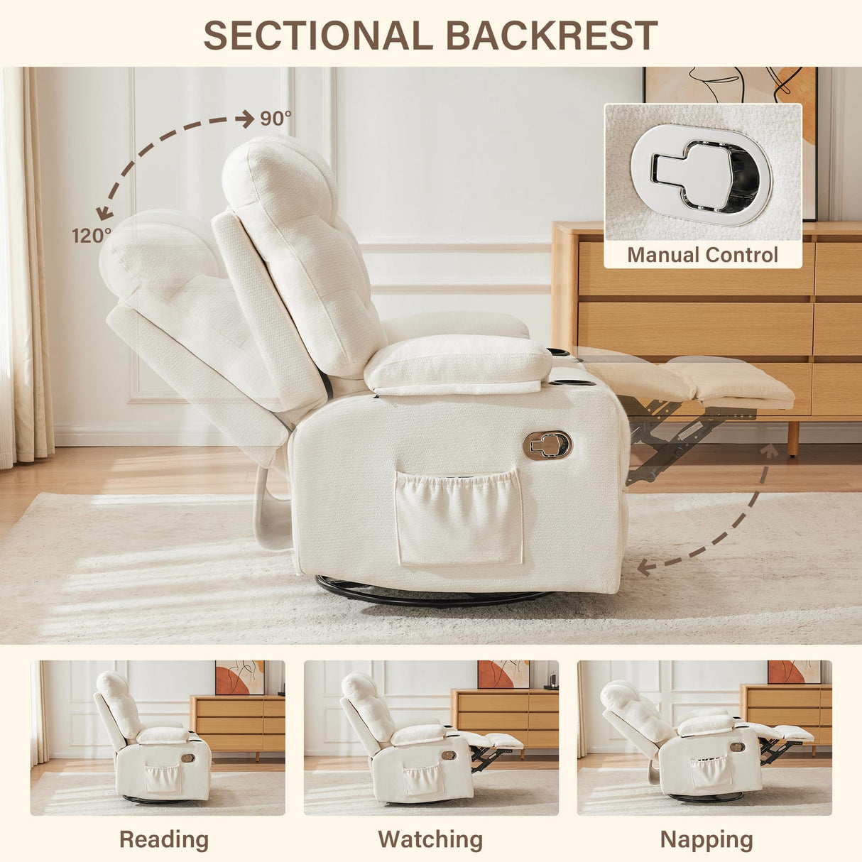 Hicosit Manual Rocker Recliner Chair, 360°Swivel Recliner Chairs for Adults, Single Recliner Seat with Cup Holders,Upholstered Fabric Lazy Boy Recliner,White Hicosit