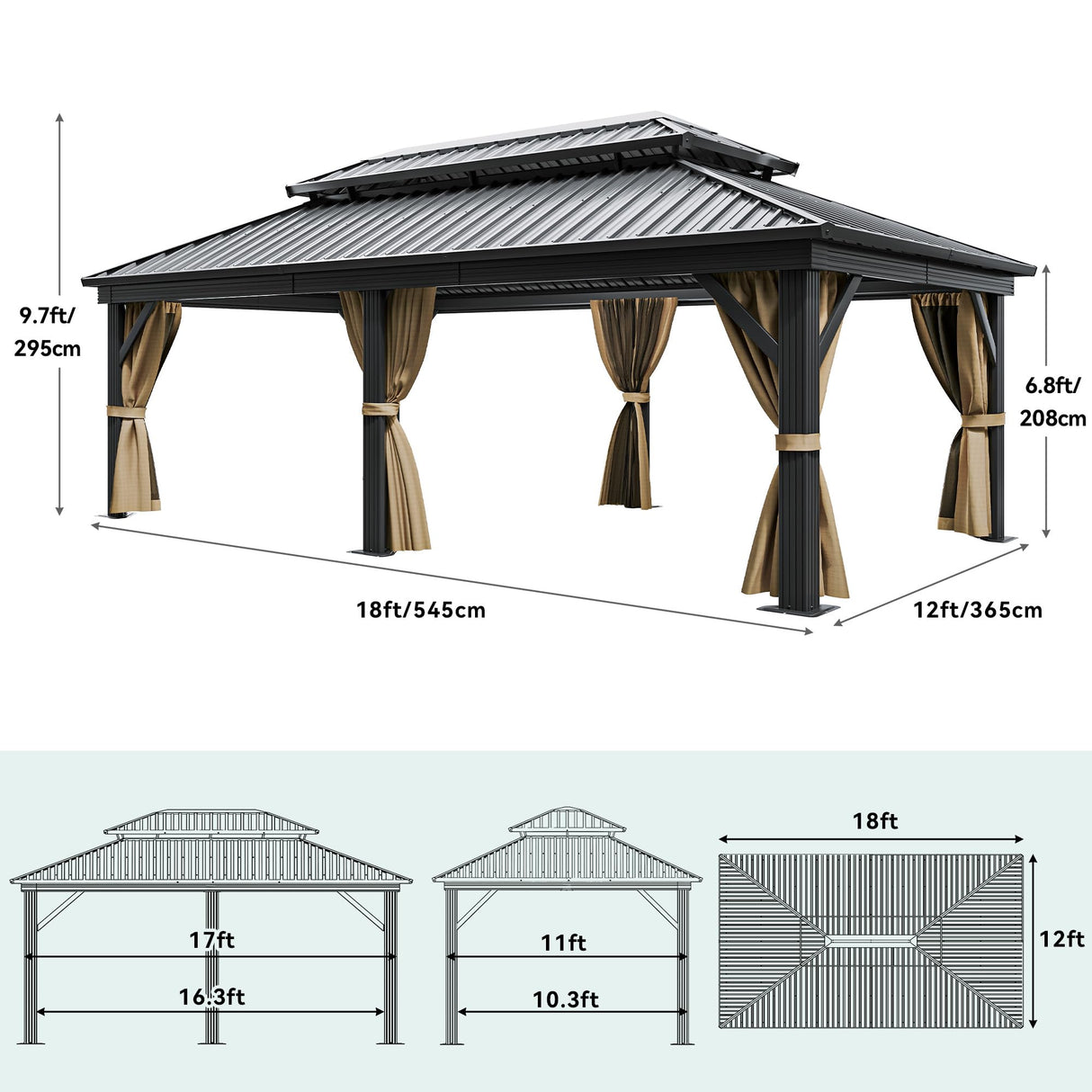 YITAHOME 12x18ft Gazebo Hardtop Canopy Outdoor Heavy Duty Double Roof w/Nettings and Curtains, Upgraded Aluminum Column Galvanized Steel Vertical Stripes Roof for Patio, Backyard, Deck, Lawns, Brown YITAHOME