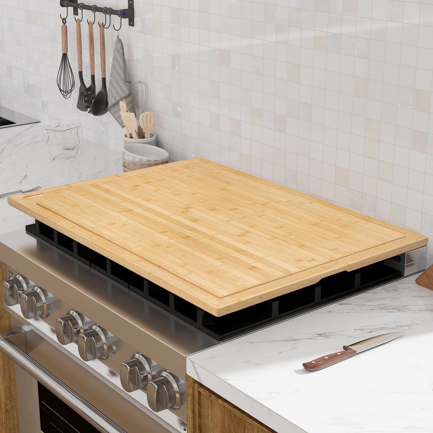 36x 24 Extra Large Bamboo Cutting Board for Kitchen, Cutting Board Stove Top Cover, Butcher Block Chopping Board with Handle and Juice Groove, Large Charcuterie Board- Natural