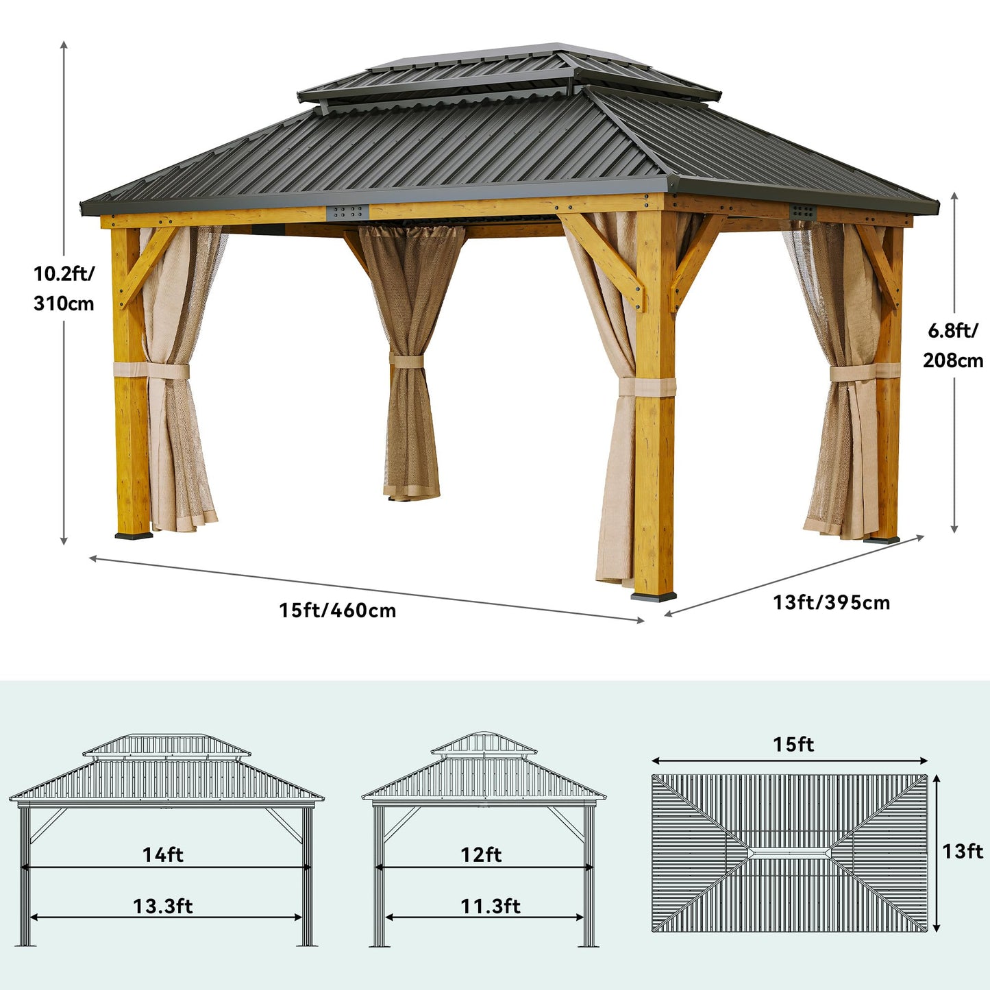 YITAHOME 11X13FT Wood Gazebo Outdoor Wooden Frame Gazebo Double Roof Hardtop Galvanized Steel Top Canopy w/Curtain and Netting, Patio Heavy Duty Gazebo for Deck, Backyard, Beige Yellow - WoodArtSupply