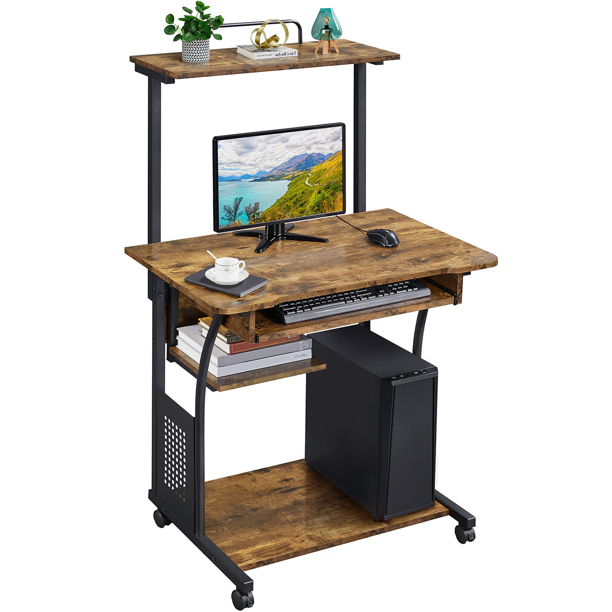 Yaheetech 3 Tiers Rolling Computer Desk with Keyboard Tray and Printer Shelf for Home Office, Mobile Computer Desk for Small Space, Retro Computer Table Compact PC Laptop Workstation, Rustic Brown Yaheetech